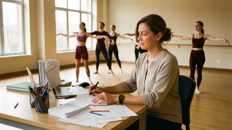 Une administratrice de compagnie de danse organise le travail dans un studio pendant que des danseurs répètent en arrière-plan.