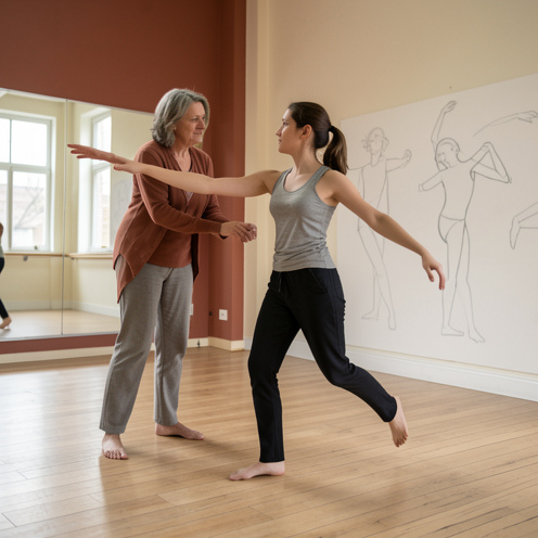 Une chorégraphe d’âge mûr accompagne une jeune danseuse dans un studio de répétition lumineux consacré à la création contemporaine.