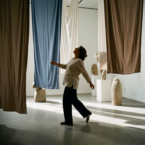 Une artiste contemporaine française réalise une performance expressive dans une galerie minimaliste entourée d’installations sculpturales et de tissus suspendus.