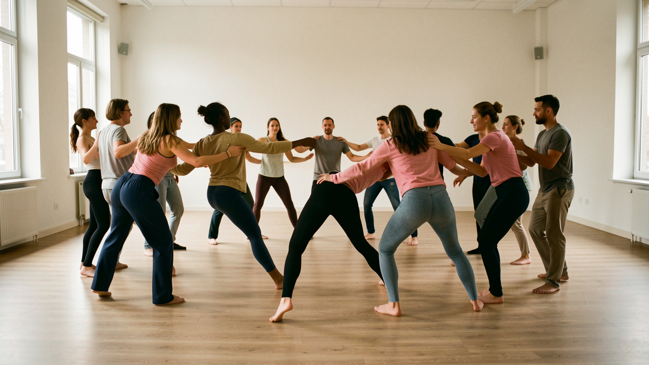 Un ensemble diversifié de danseuses et danseurs contemporains transforme un mouvement solo en chorégraphie collective dans un studio lumineux.