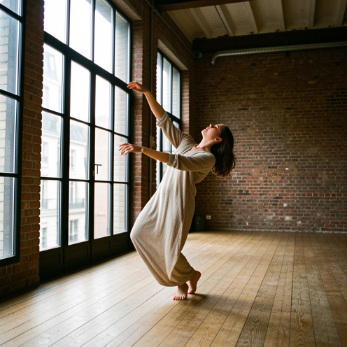 Une danseuse contemporaine s’exerce dans un vaste studio lumineux aux murs de briques et au parquet en bois, au sein de l’Atelier de Paris Carolyn Carlson à la Cartoucherie.