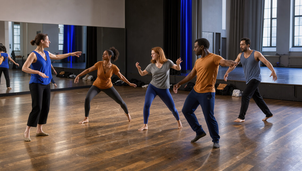 Une chorégraphe dirige deux femmes et deux hommes lors d’un atelier de danse contemporaine dans un studio lumineux proche d’une scène.