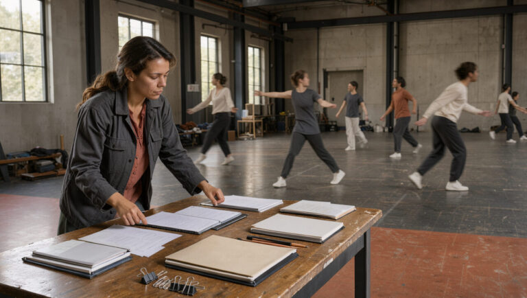 Une coordinatrice artistique observe une répétition de danse contemporaine dans un studio moderne, avec des dossiers de production posés sur une table.