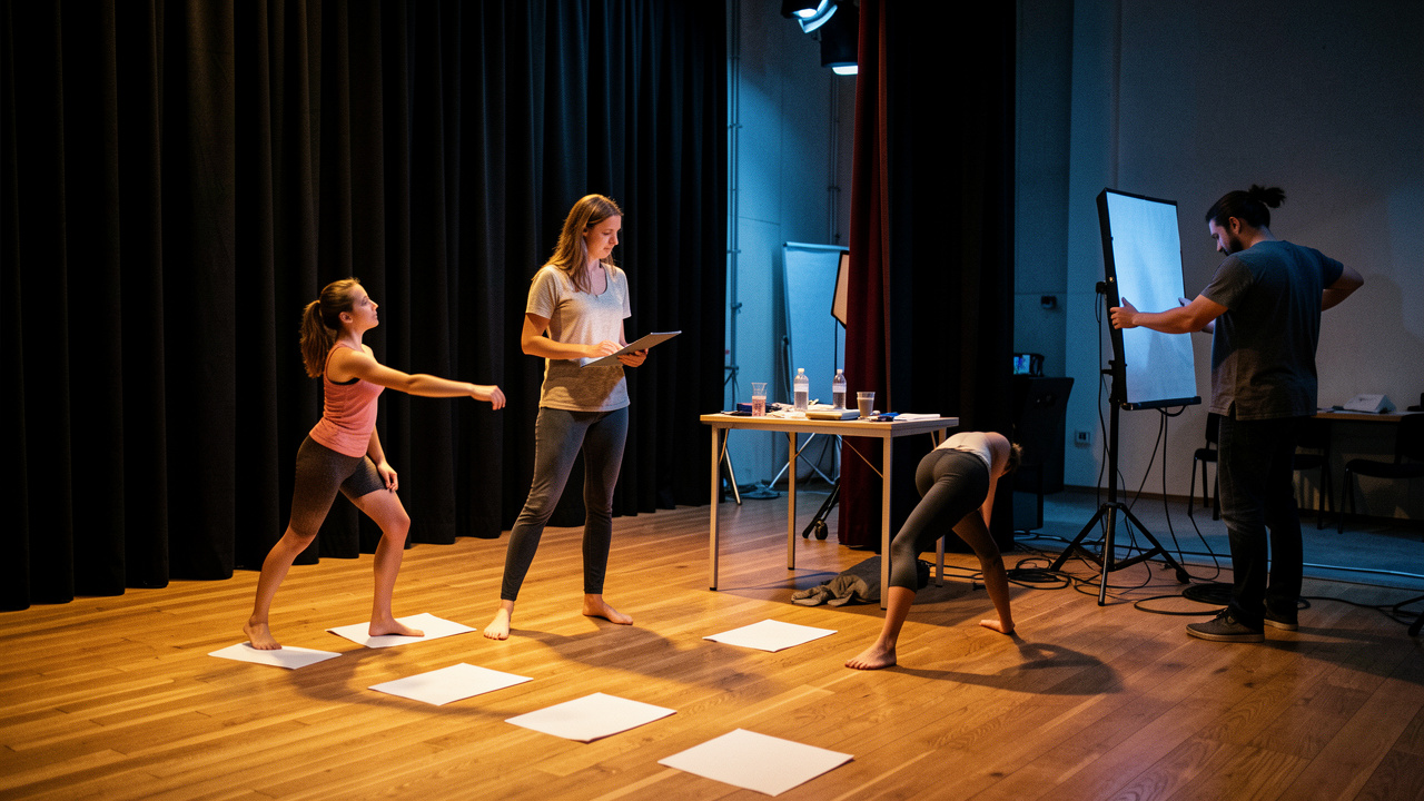 Une chargée de production coordonne une répétition de danse contemporaine en coulisses, entourée de danseuses et d’un technicien lumière.