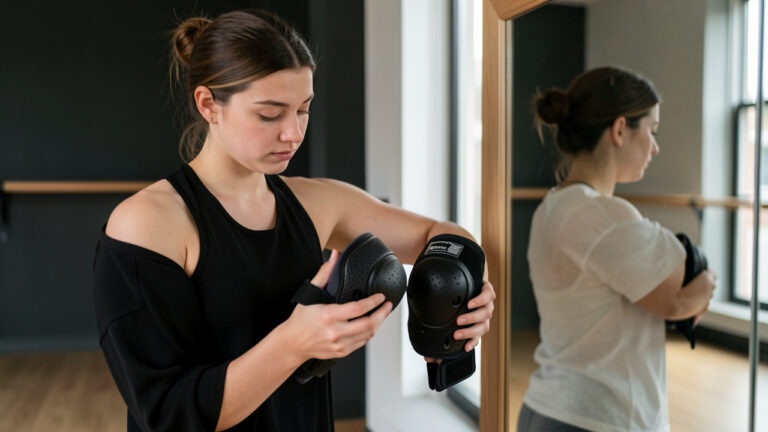 Une jeune danseuse contemporaine compare deux paires de genouillères dans un studio, en vérifiant leur maintien, leur rembourrage et leur souplesse.