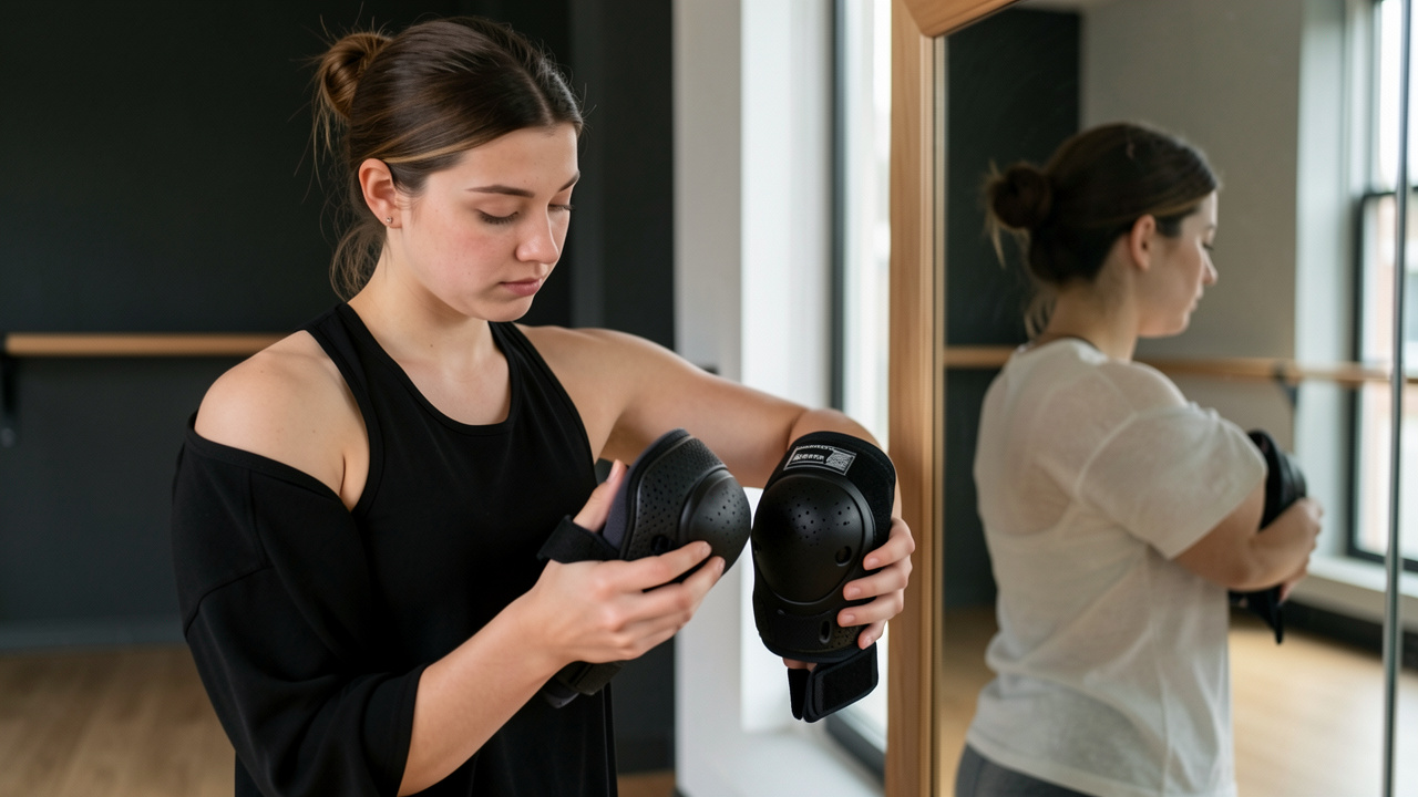 Une jeune danseuse contemporaine compare deux paires de genouillères dans un studio, en vérifiant leur maintien, leur rembourrage et leur souplesse.