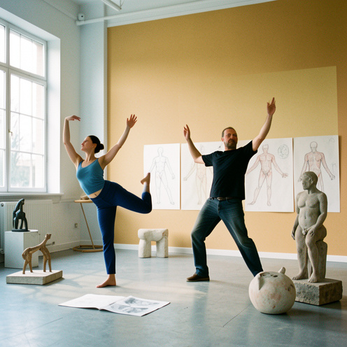 Une danseuse contemporaine et un chercheur en mouvement collaborent dans un studio lumineux autour de l’exploration du geste.