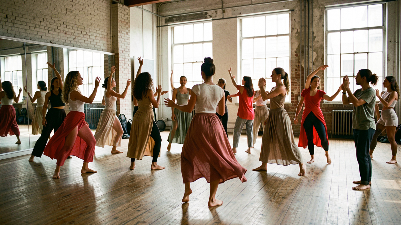 Un groupe diversifié de jeunes danseuses et danseurs contemporains explore ensemble des mouvements expressifs dans un studio de répétition industriel baigné de lumière.