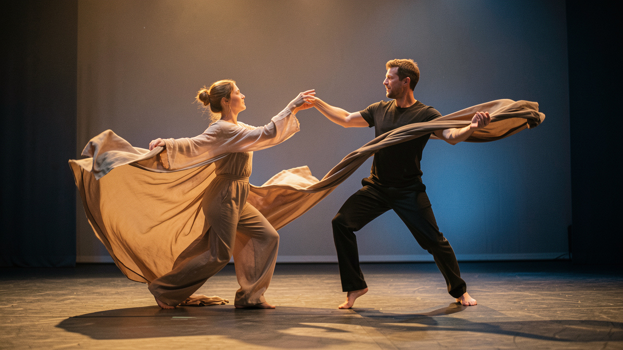 Une femme et un homme dansent sur une scène de théâtre calme et lumineuse, dans une atmosphère pensée pour une expérience sensorielle inclusive.