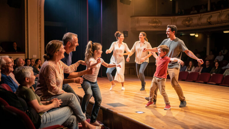 Une famille composée d’une femme, d’un homme, d’une fille et d’un garçon regarde un spectacle de danse contemporaine sur une scène éclairée de couleurs chaudes et bleues.