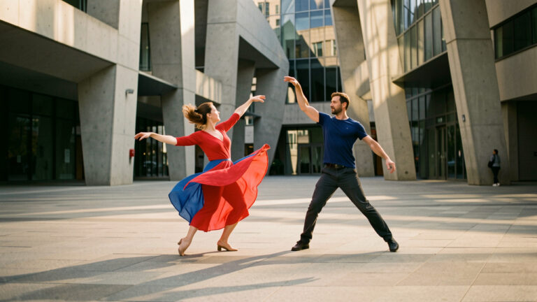 Deux danseurs contemporains, une femme et un homme, évoluent avec grâce sur une vaste place urbaine entourée d’architectures modernes.
