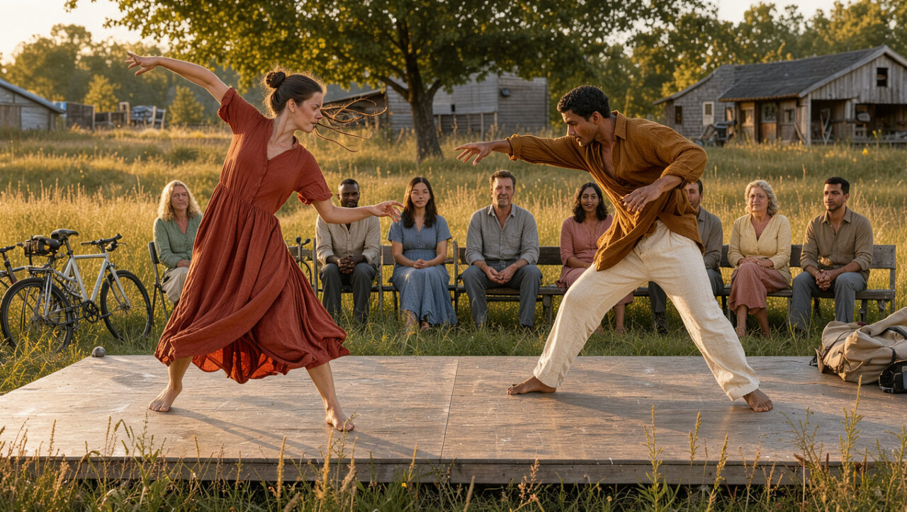 Deux danseurs contemporains se produisent sur une scène itinérante installée dans un paysage rural, devant un petit public.