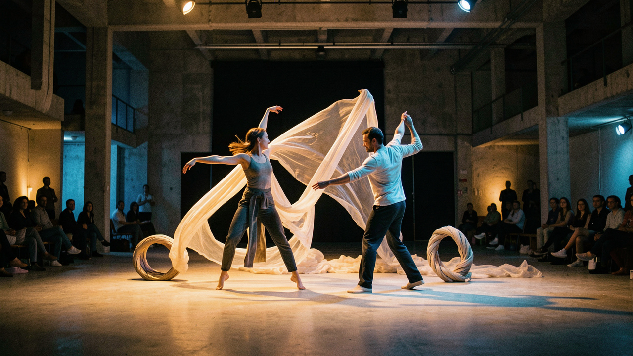 Deux danseurs de danse contemporaine évoluent sur la scène d’un lieu culturel marseillais à l’architecture moderne.