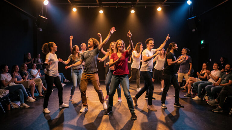 Un groupe diversifié de femmes et d’hommes danse ensemble dans un studio contemporain, mêlant spectateurs et interprètes dans une chorégraphie collective.