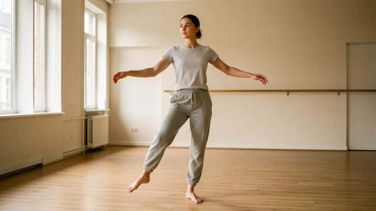 Une jeune femme débutante explore des mouvements de danse contemporaine dans un studio lumineux et chaleureux.