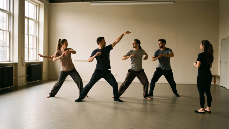 Quatre danseurs contemporains répètent une composition chorégraphique précise dans un studio, sous le regard d’une chorégraphe.