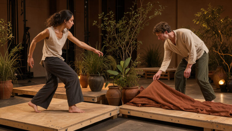 Deux danseurs contemporains évoluent sur une scène composée de plateformes en bois, de tissus recyclés, de plantes et d’un éclairage doux à faible consommation.