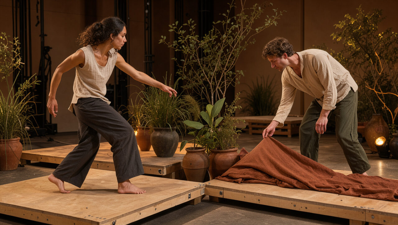 Deux danseurs contemporains évoluent sur une scène composée de plateformes en bois, de tissus recyclés, de plantes et d’un éclairage doux à faible consommation.