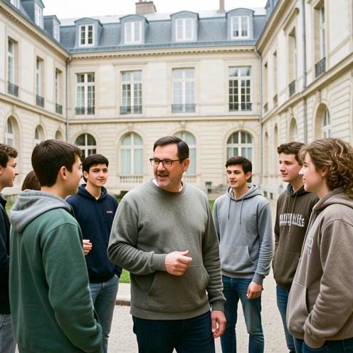 Un homme d’âge mûr échange avec des collégiens dans la cour lumineuse d’un établissement scolaire parisien.