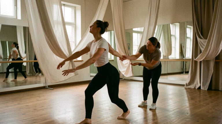 Une danseuse contemporaine explore un mouvement improvisé dans un studio de répétition tandis qu’une chorégraphe l’accompagne dans le processus de création.