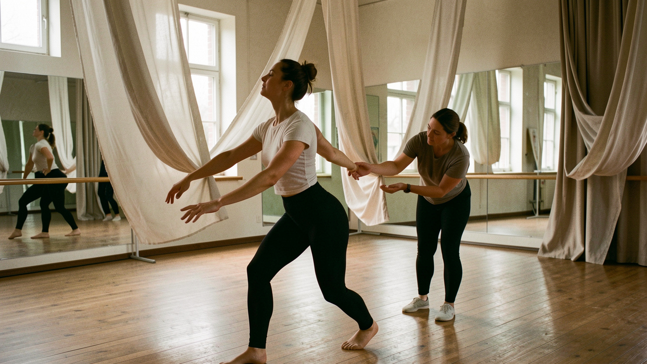 Une danseuse contemporaine explore un mouvement improvisé dans un studio de répétition tandis qu’une chorégraphe l’accompagne dans le processus de création.
