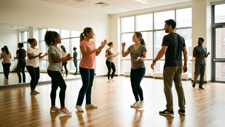 Une médiatrice culturelle anime un atelier de danse contemporaine dans un studio lumineux avec trois participants.