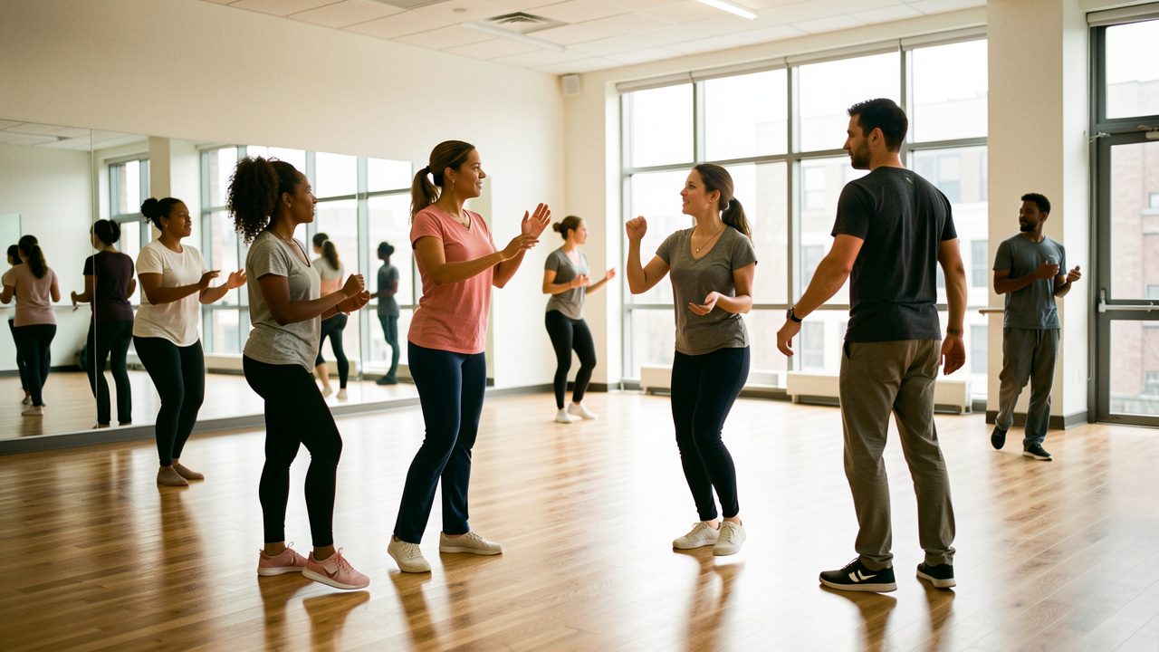 Une médiatrice culturelle anime un atelier de danse contemporaine dans un studio lumineux avec trois participants.