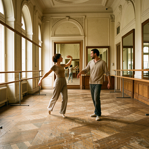 Un ancien centre de danse parisien avec des studios lumineux, un parquet en bois, des miroirs, des barres de ballet et deux danseurs en pleine pratique.