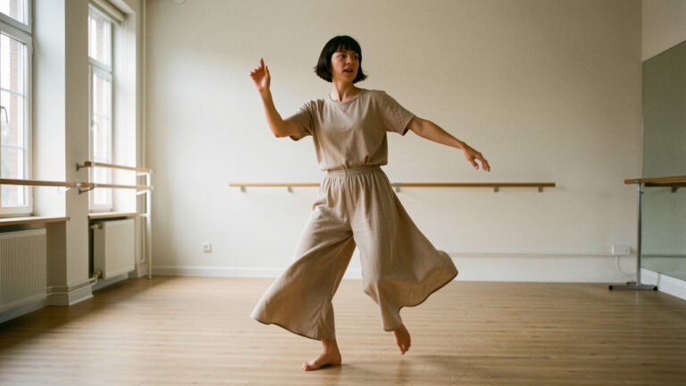 Une danseuse contemporaine explore le rythme et l’écoute musicale dans un studio lumineux, en réalisant un mouvement fluide et expressif.