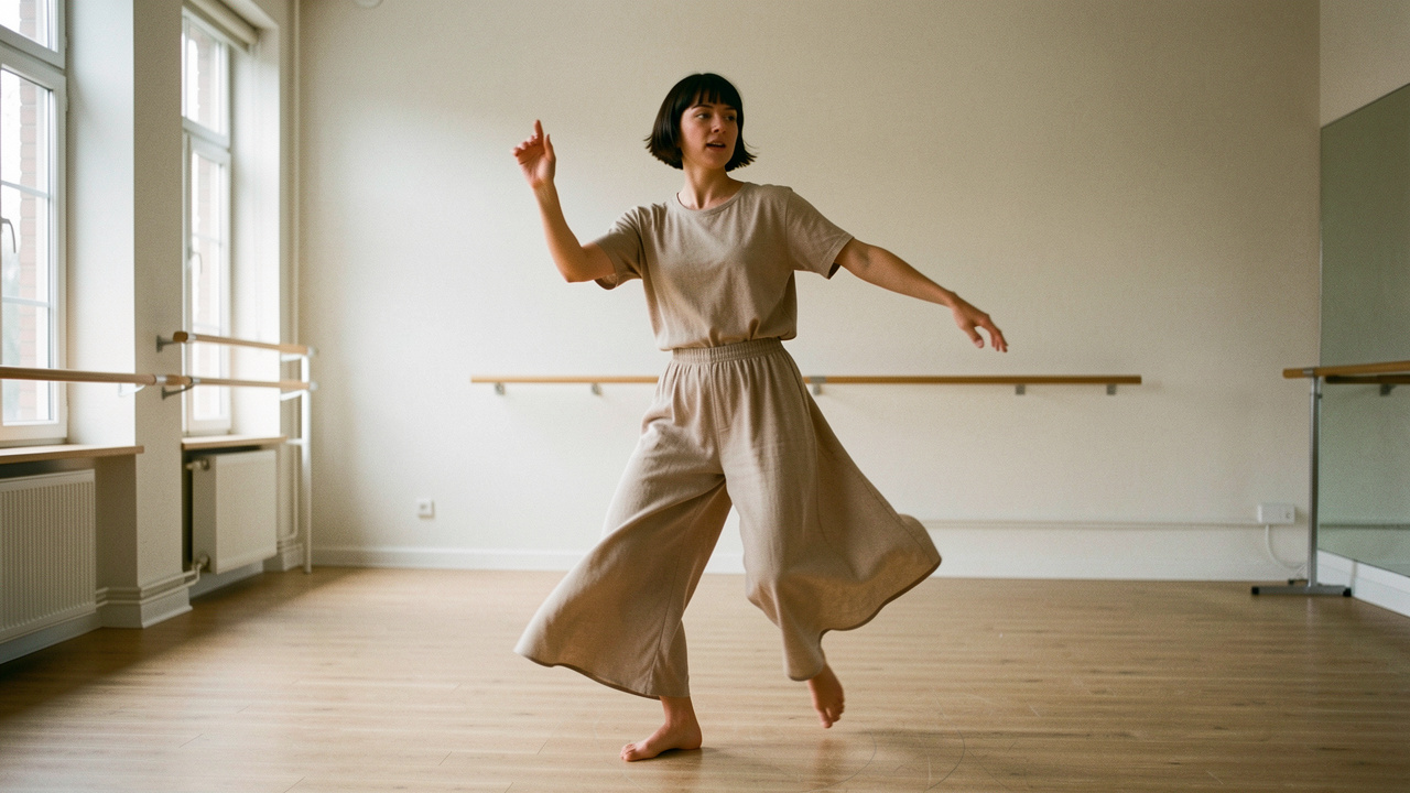 Une danseuse contemporaine explore le rythme et l’écoute musicale dans un studio lumineux, en réalisant un mouvement fluide et expressif.