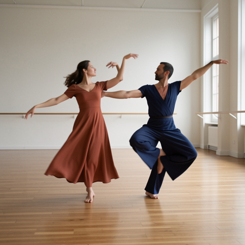 Deux danseurs contemporains répètent un duo expressif dans un studio lumineux, évoquant leurs parcours et projets chorégraphiques.