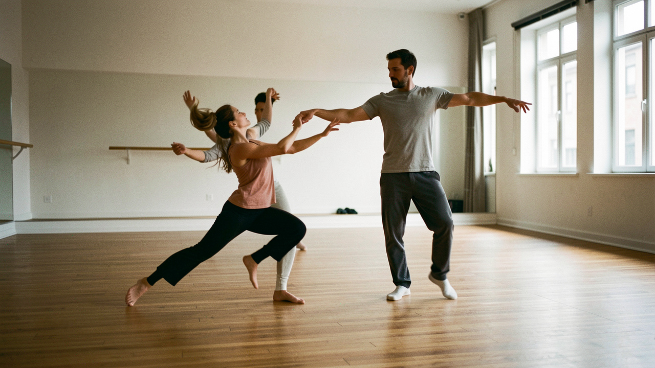 Une femme et un homme composent une phrase chorégraphique en danse contemporaine dans un studio lumineux, en explorant les équilibres, les déplacements et les changements de direction.