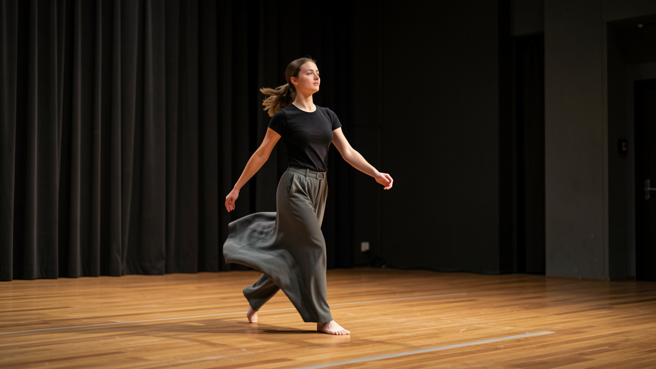 Une jeune danseuse contemporaine répète une sortie gracieuse dans les coulisses d’un théâtre, éclairée par une lumière ambrée.