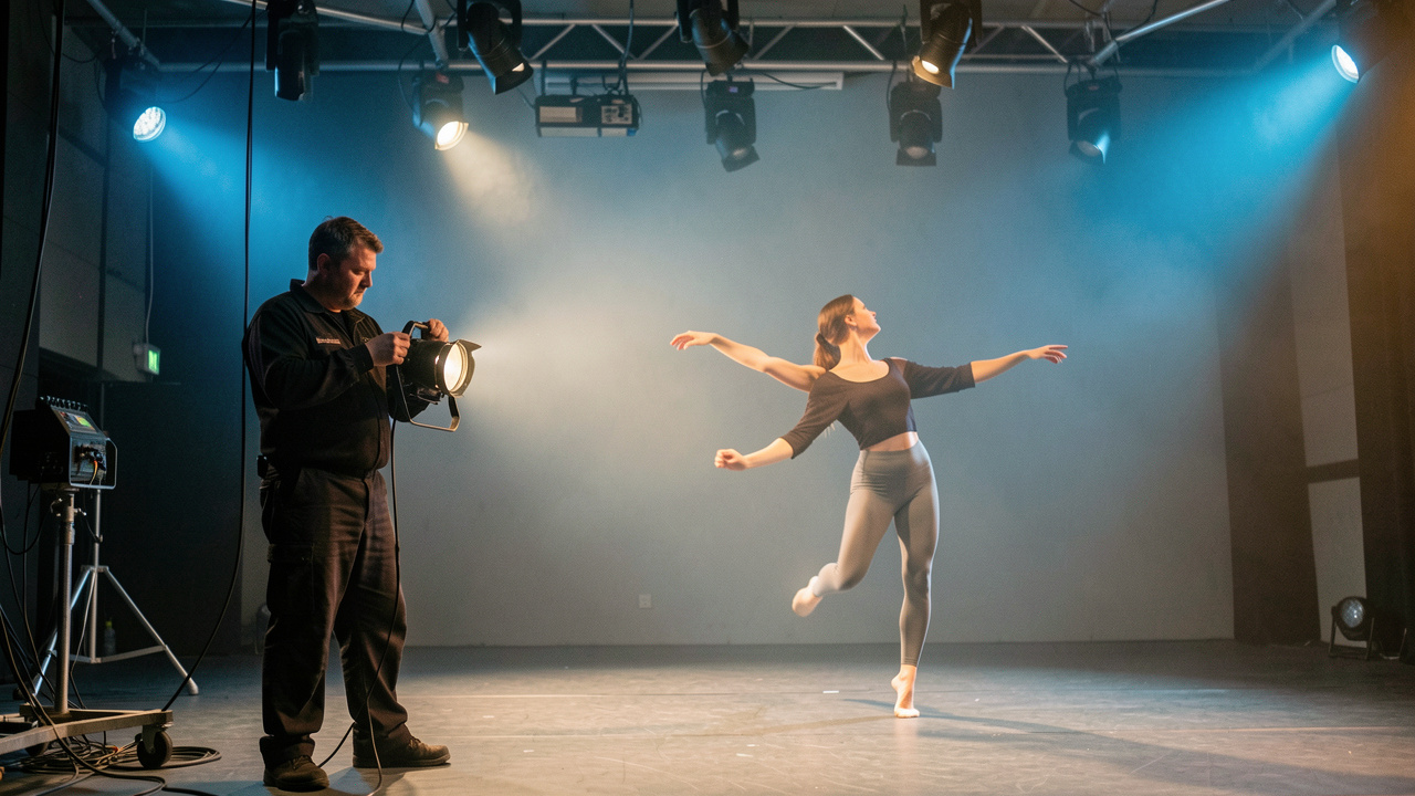 Un régisseur lumière ajuste un projecteur pendant qu’une danseuse contemporaine répète sur une scène minimaliste éclairée de bleu et d’ambre.