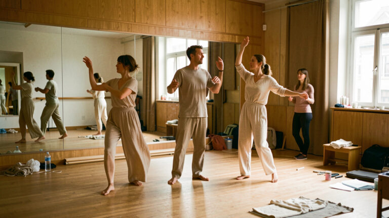 Trois danseurs contemporains explorent des mouvements expressifs dans un studio, tandis qu’une chorégraphe observe et transforme la recherche en spectacle vivant.