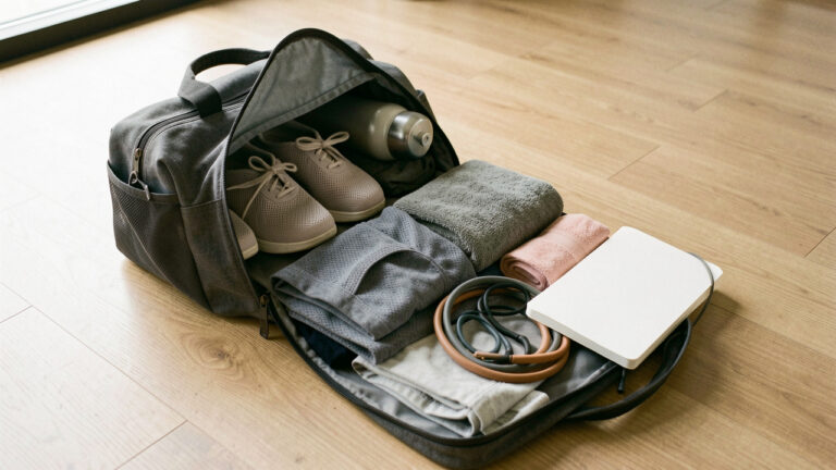 Sac de danse contemporaine ouvert avec chaussures, vêtements, gourde, serviette et accessoires de répétition soigneusement disposés dans un studio.