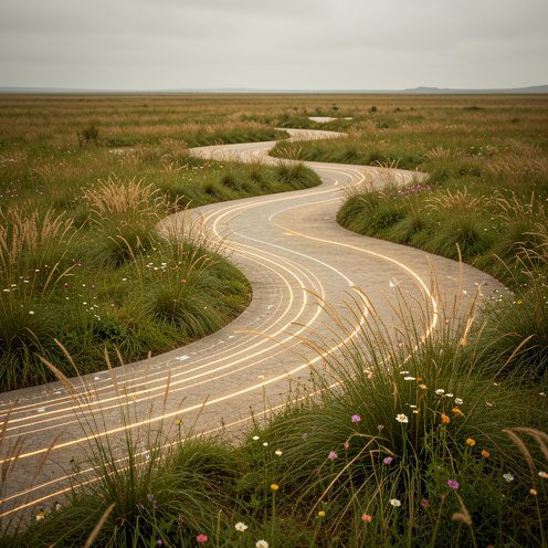 Paysage poétique composé de sentiers sinueux dans une prairie verdoyante, évoquant le mouvement et une mélodie invisible.