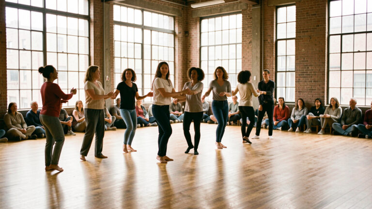 Groupe de danseuses et danseurs adultes répétant une chorégraphie contemporaine dans un studio ouvert au public, sous le regard attentif de spectateurs.