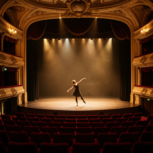 Une danseuse répète sur la scène d’un théâtre historique aux fauteuils rouges, éclairée par une lumière ambrée.