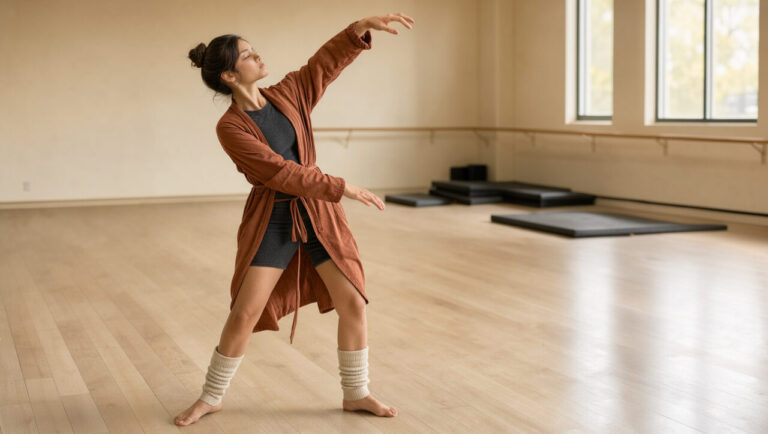 Une jeune femme danseuse contemporaine s’échauffe dans un studio lumineux avec des vêtements d’hiver souples et superposés qui préservent sa liberté de mouvement.